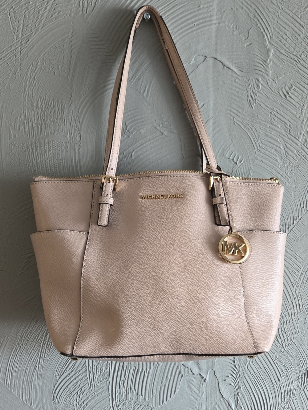Michael Kors Light Beige Saffiano Leather Tote with MK Pendant